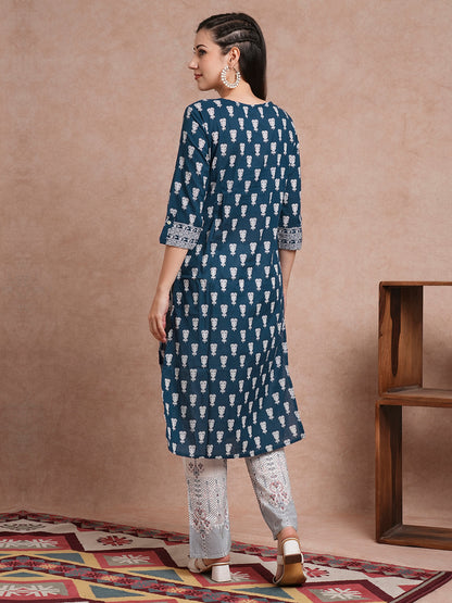 Ethnic Printed Straight Fit Kurta with Pant - Blue