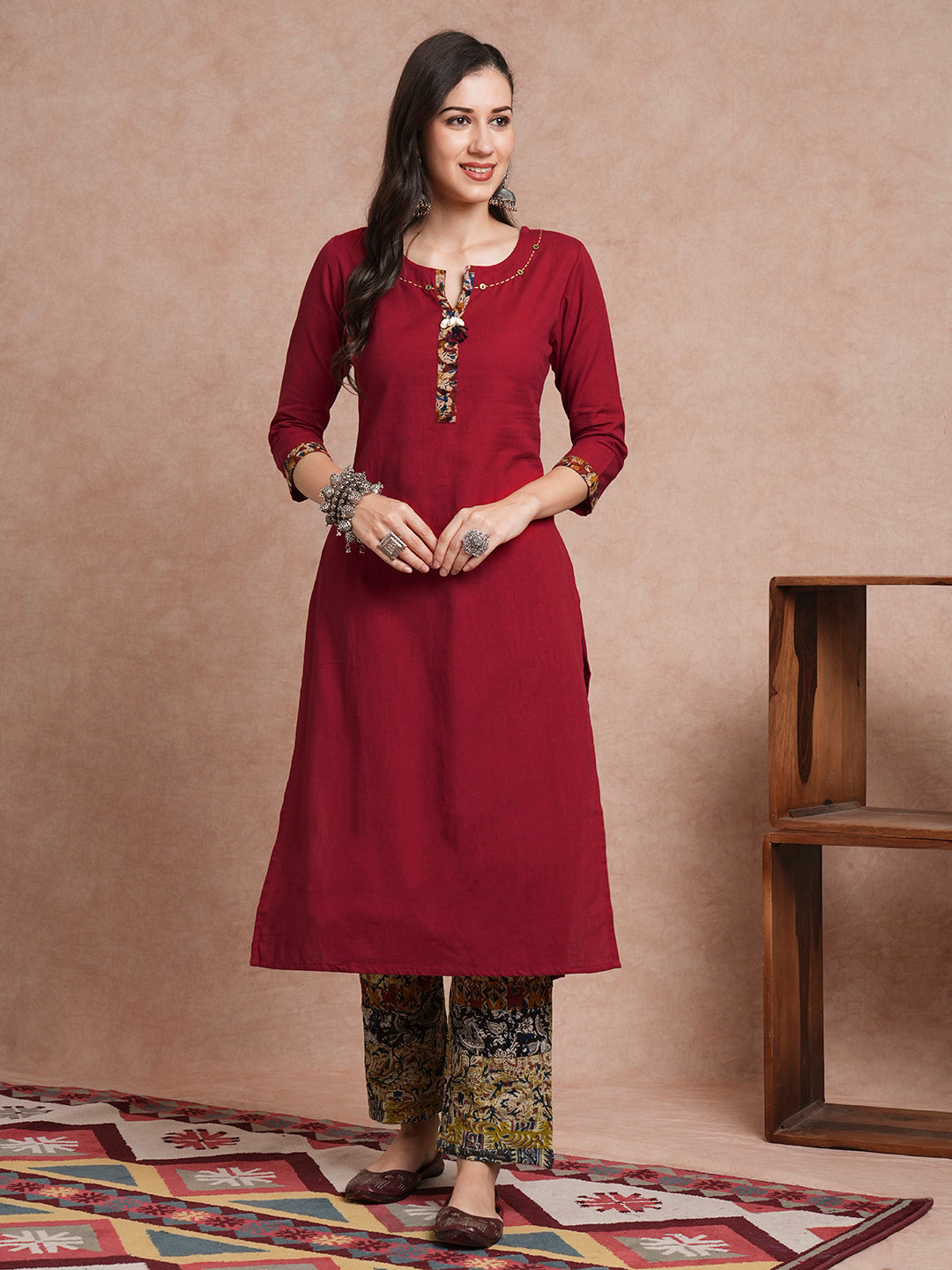 Solid Straight Fit Kurta with Ethnic Printed Patchwork Pant - Maroon