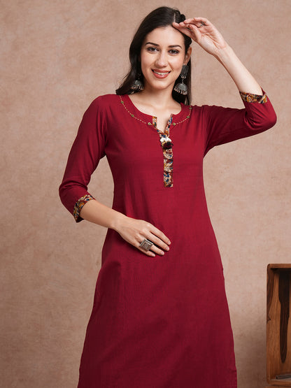 Solid Straight Fit Kurta with Ethnic Printed Patchwork Pant - Maroon