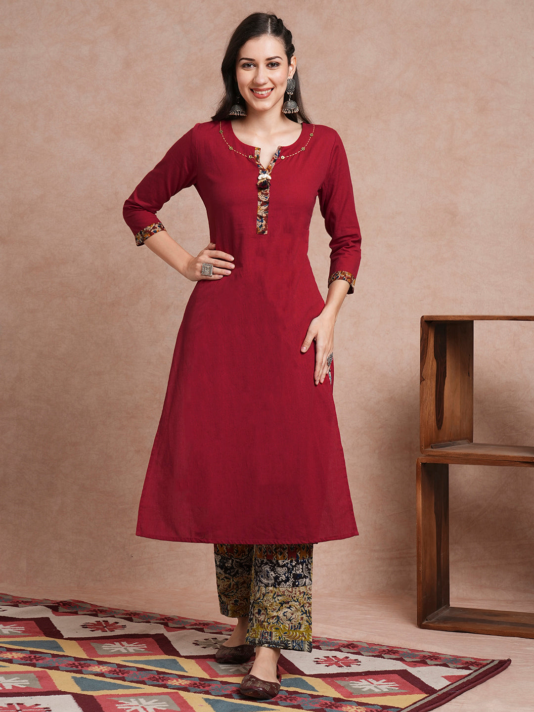 Solid Straight Fit Kurta with Ethnic Printed Patchwork Pant - Maroon