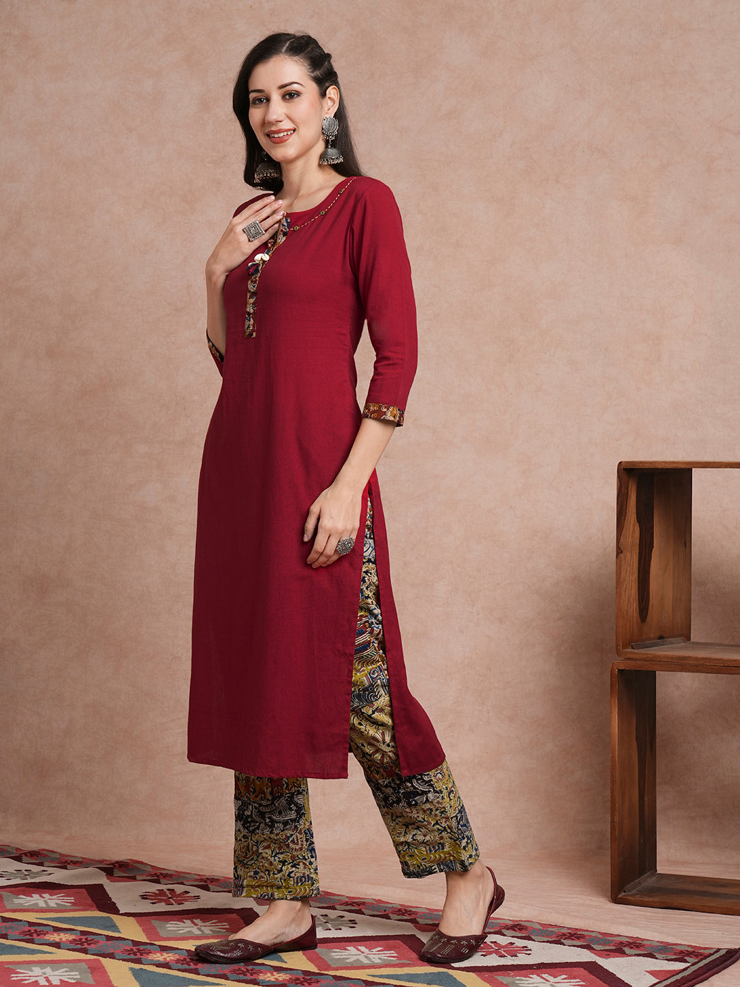 Solid Straight Fit Kurta with Ethnic Printed Patchwork Pant - Maroon