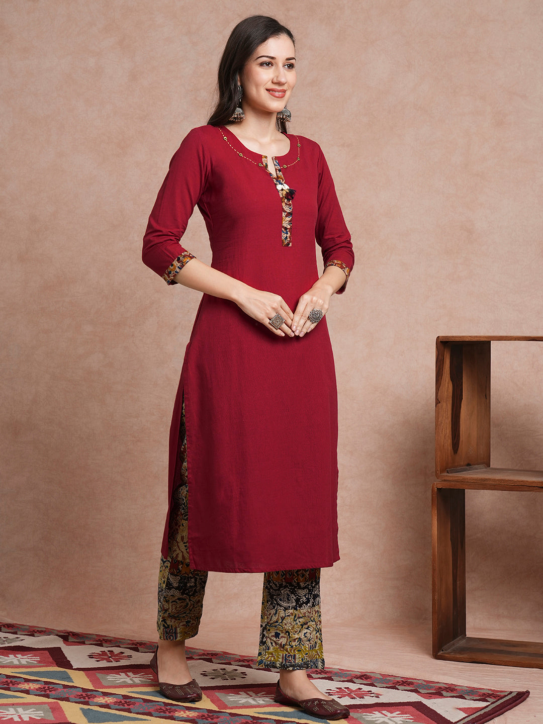 Solid Straight Fit Kurta with Ethnic Printed Patchwork Pant - Maroon