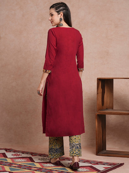 Solid Straight Fit Kurta with Ethnic Printed Patchwork Pant - Maroon