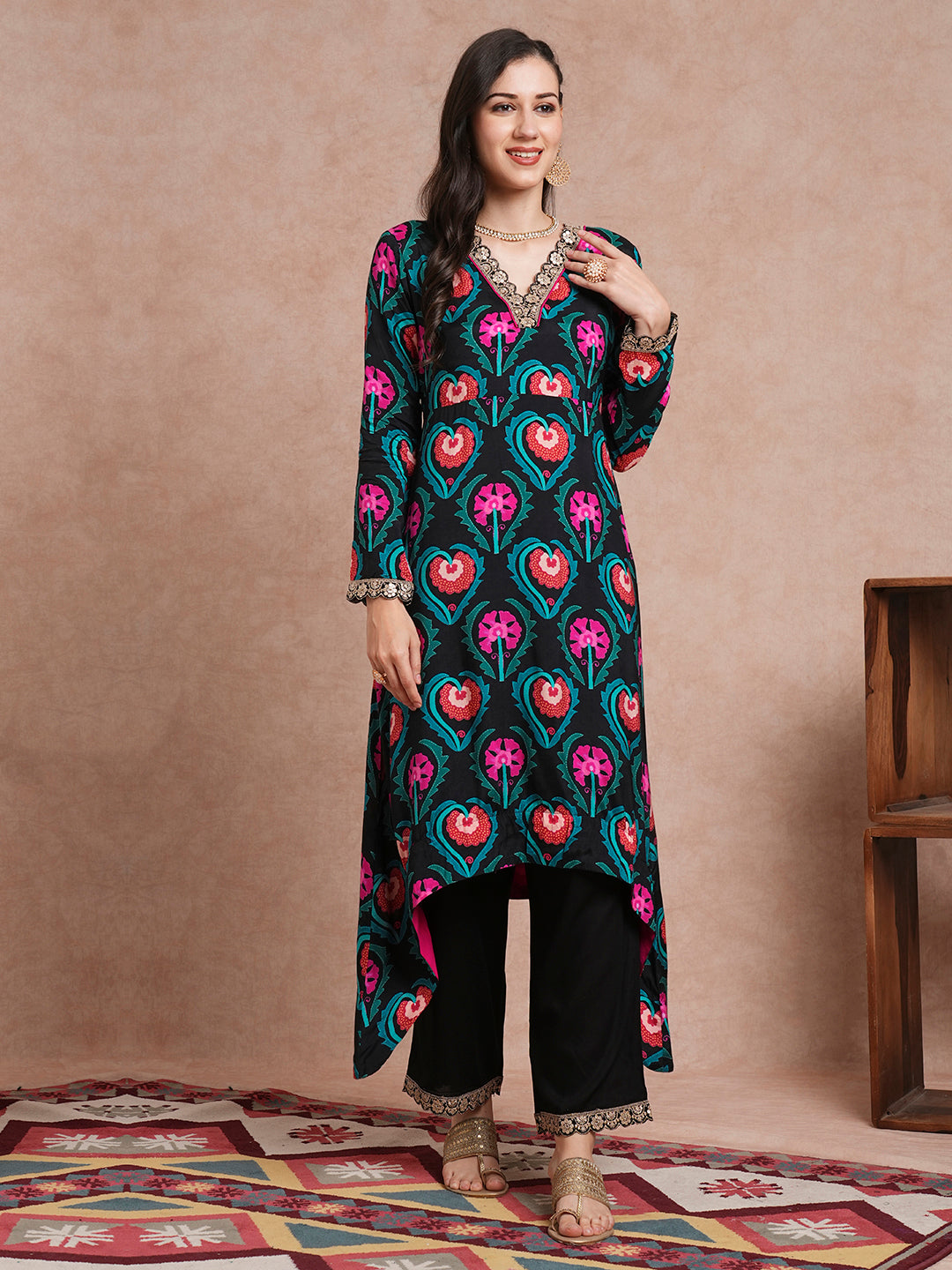 Ethnic Printed & Embroidered A-Line Kurta with Palazzo - Black