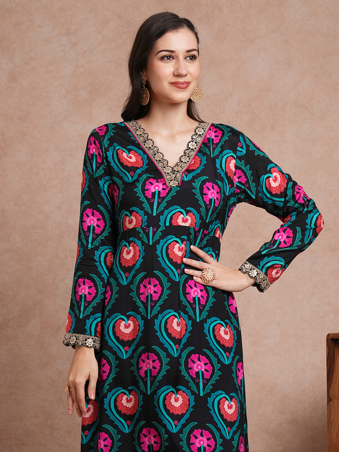 Ethnic Printed & Embroidered A-Line Kurta with Palazzo - Black