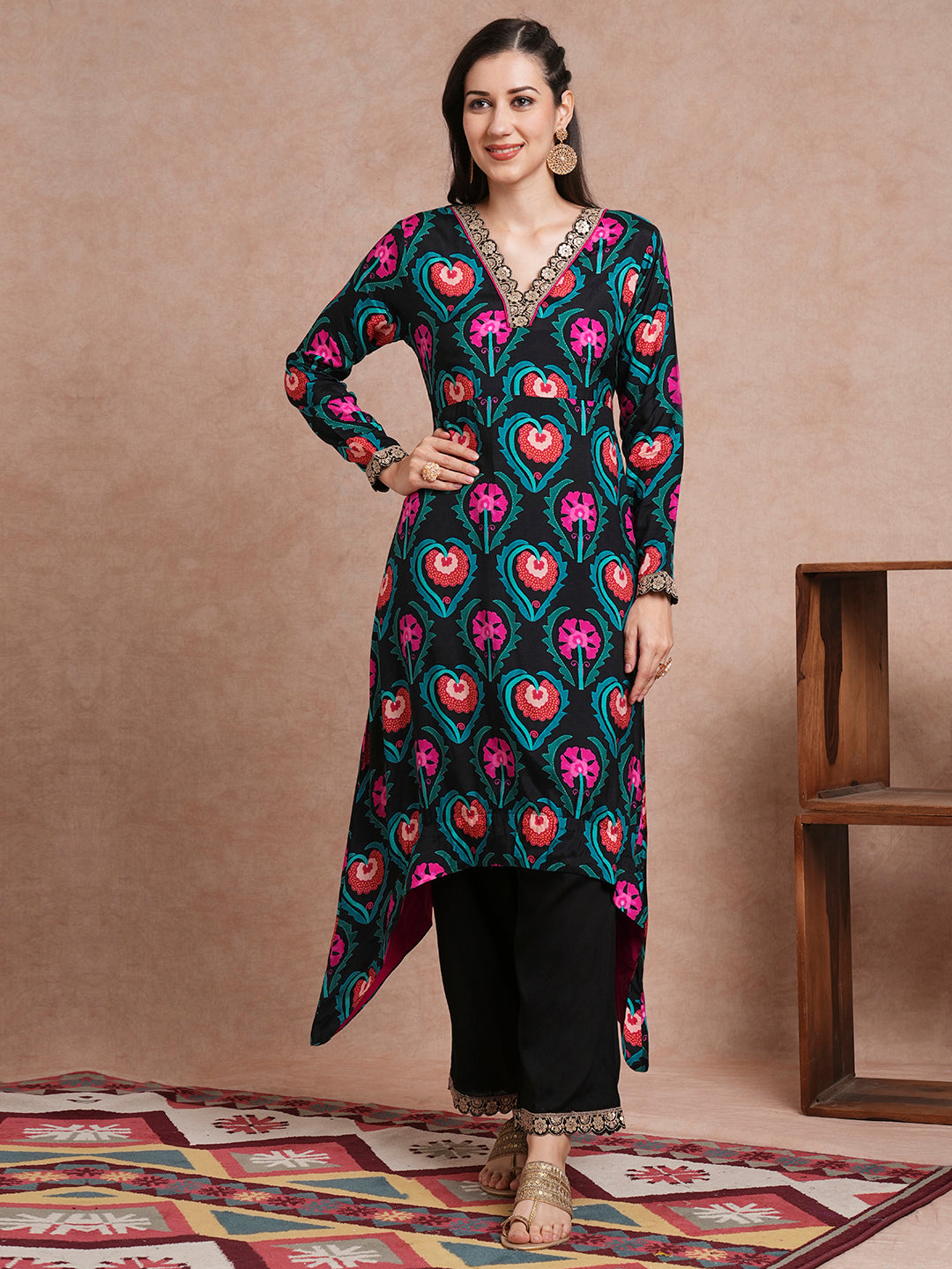 Ethnic Printed & Embroidered A-Line Kurta with Palazzo - Black