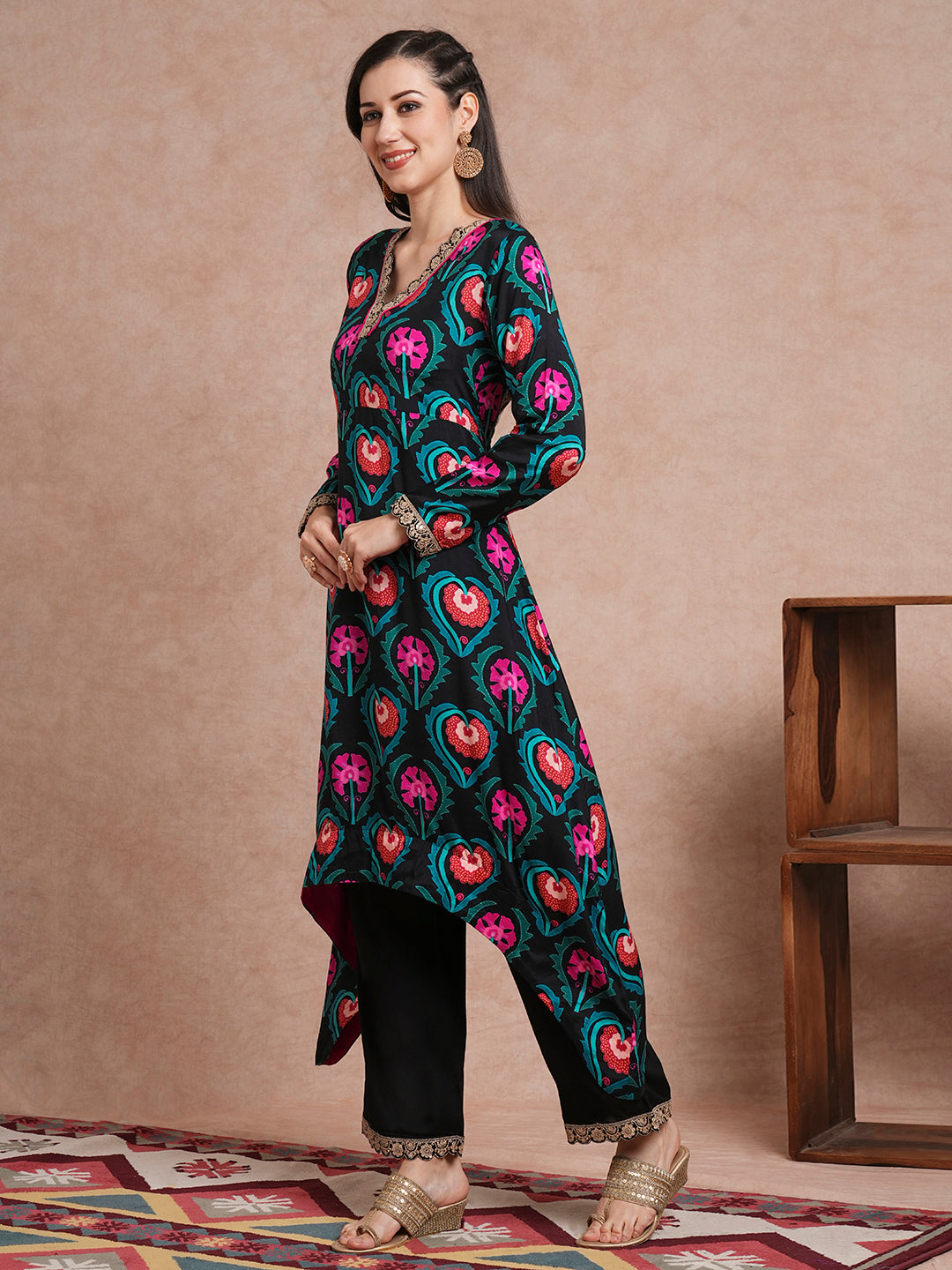 Ethnic Printed & Embroidered A-Line Kurta with Palazzo - Black