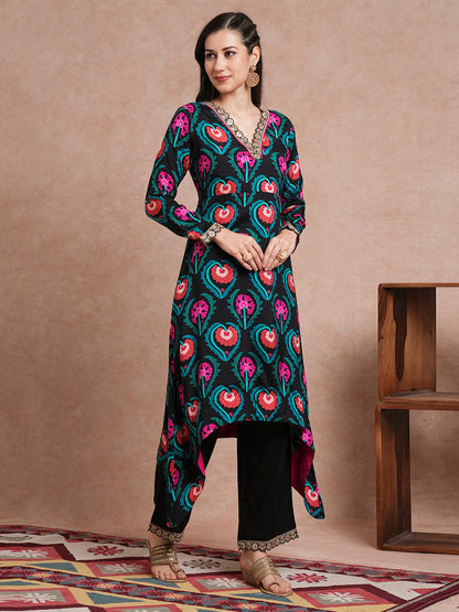 Ethnic Printed & Embroidered A-Line Kurta with Palazzo - Black