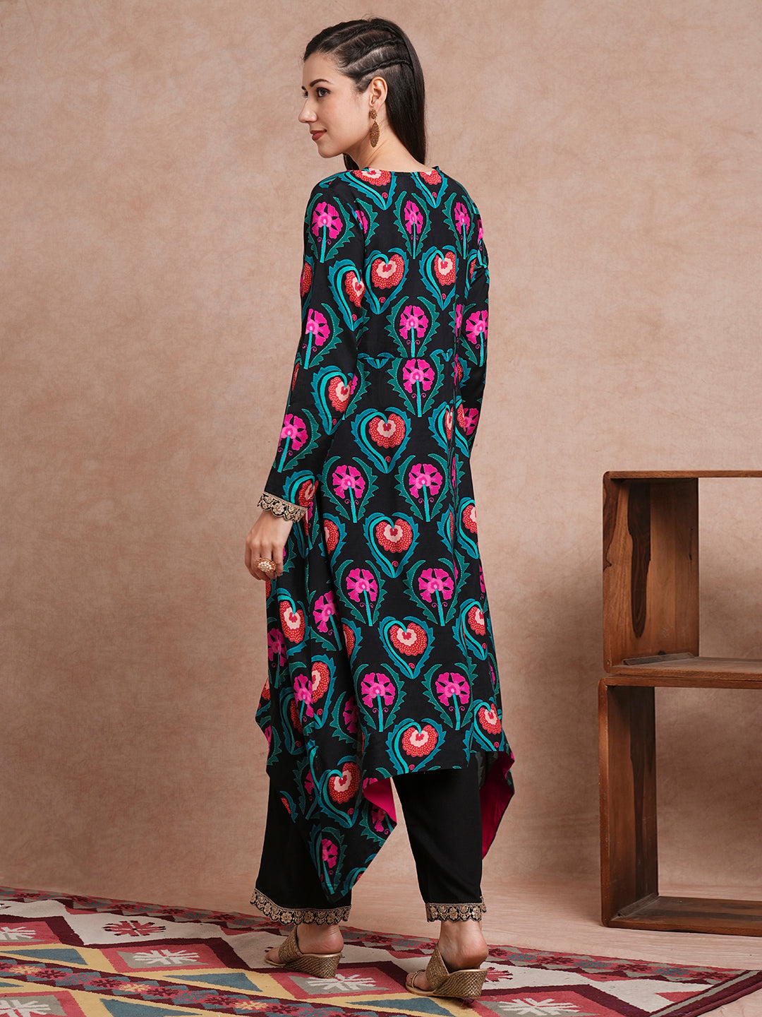 Ethnic Printed & Embroidered A-Line Kurta with Palazzo - Black