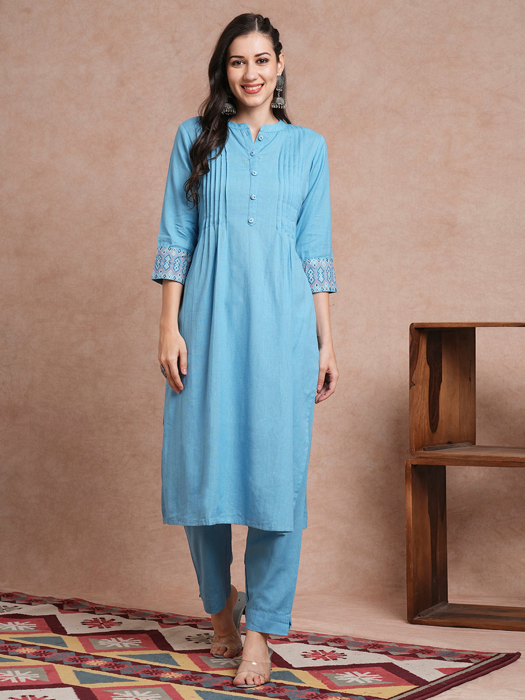 Solid Ethnic Embroidered Straight Fit Co-ord Set - Blue