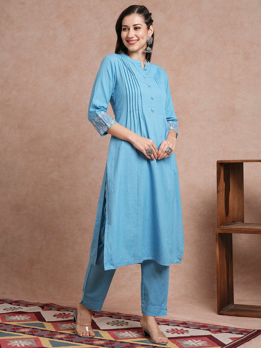 Solid Ethnic Embroidered Straight Fit Co-ord Set - Blue