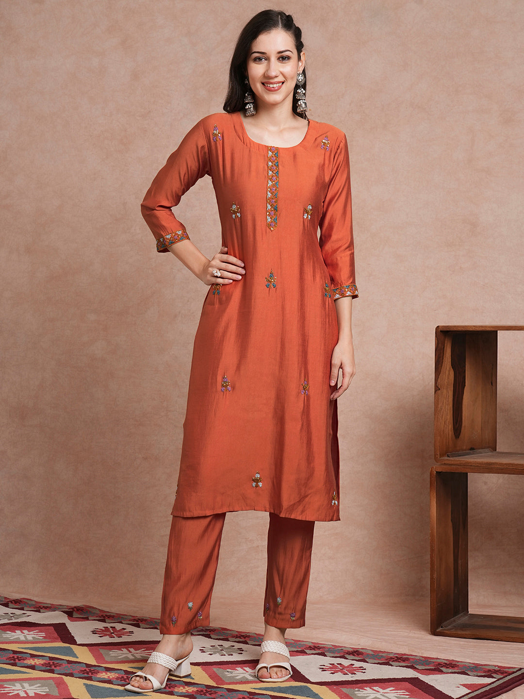 Solid Floral Hand Embroidered Straight Fit Co-ord Set - Rust