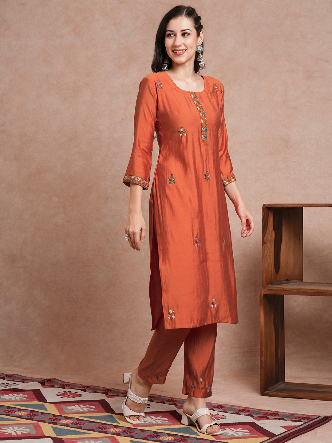 Solid Floral Hand Embroidered Straight Fit Co-ord Set - Rust