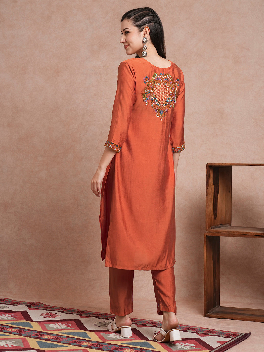 Solid Floral Hand Embroidered Straight Fit Co-ord Set - Rust