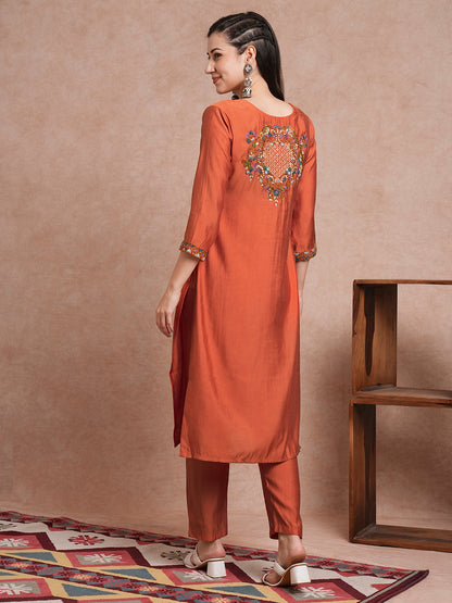 Solid Floral Hand Embroidered Straight Fit Co-ord Set - Rust