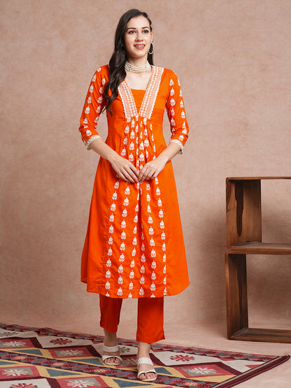 Solid Ethnic Embroidered A-Line Paneled Co-ord Set - Orange