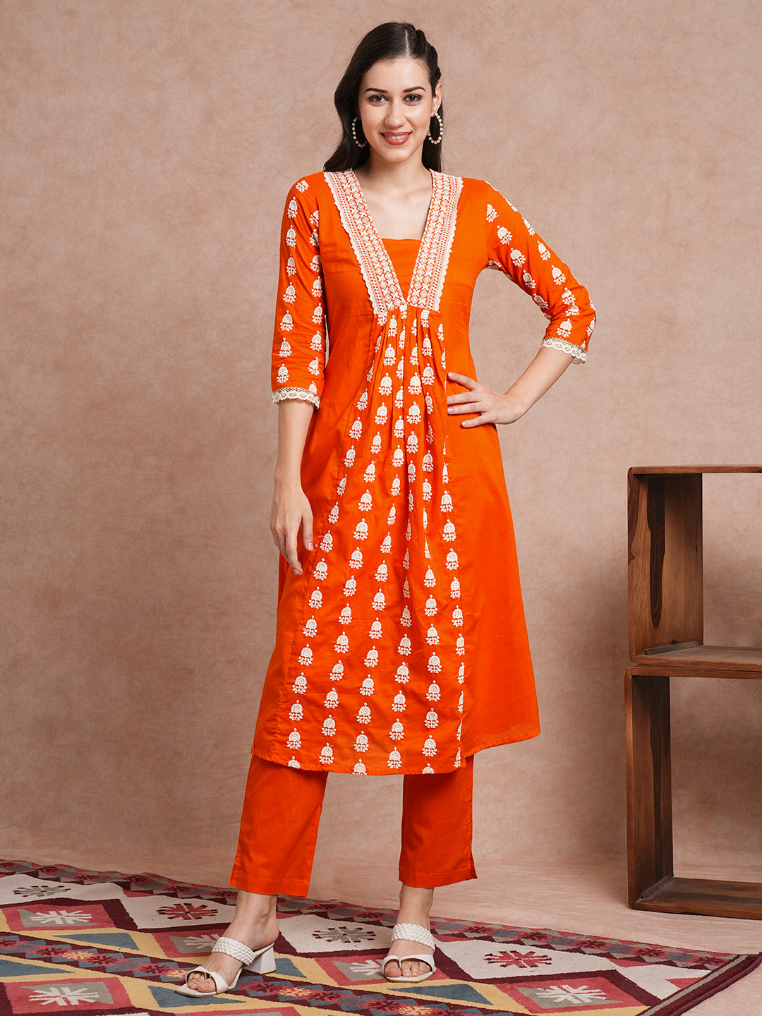 Solid Ethnic Embroidered A-Line Paneled Co-ord Set - Orange