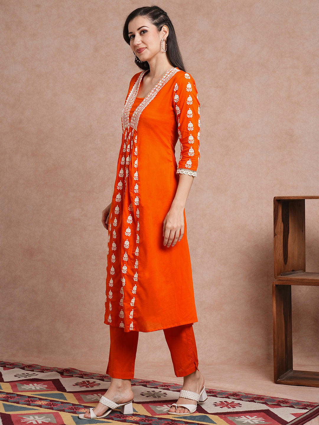 Solid Ethnic Embroidered A-Line Paneled Co-ord Set - Orange