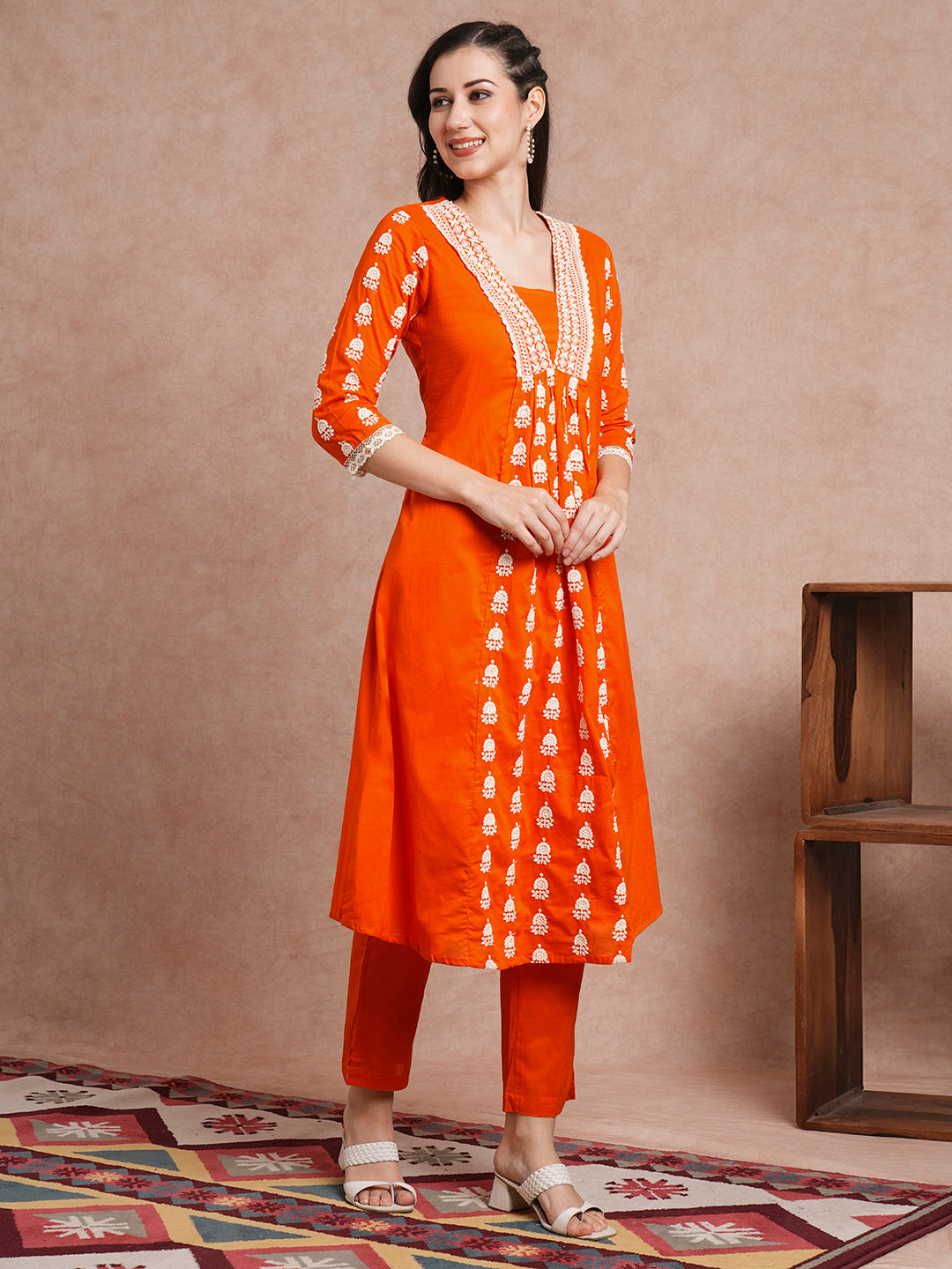 Solid Ethnic Embroidered A-Line Paneled Co-ord Set - Orange