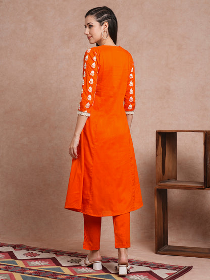 Solid Ethnic Embroidered A-Line Paneled Co-ord Set - Orange