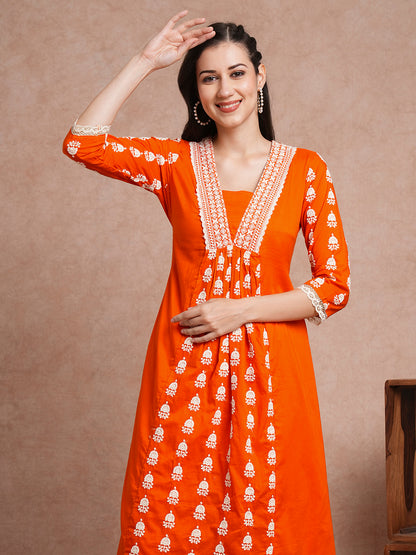 Solid Ethnic Embroidered A-Line Paneled Co-ord Set - Orange