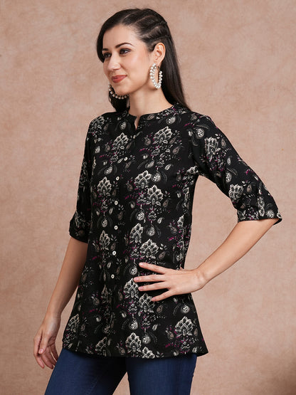 Ethnic Floral Printed A-Line Paneled Kurti - Black