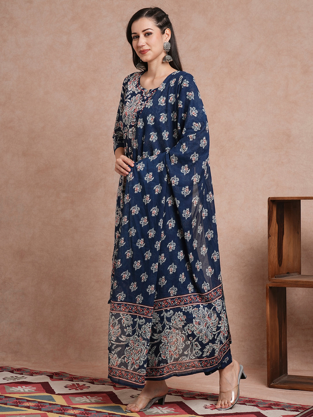 Floral Printed & Embroidered Straight Kurta with Pant & with Printed Dupatta – Blue