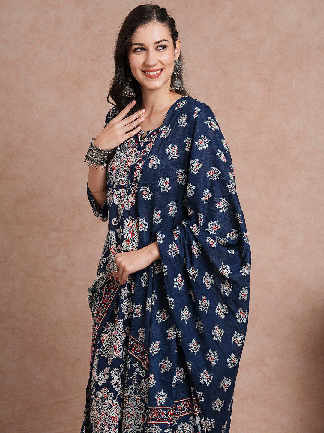 Floral Printed & Embroidered Straight Kurta with Pant & with Printed Dupatta – Blue