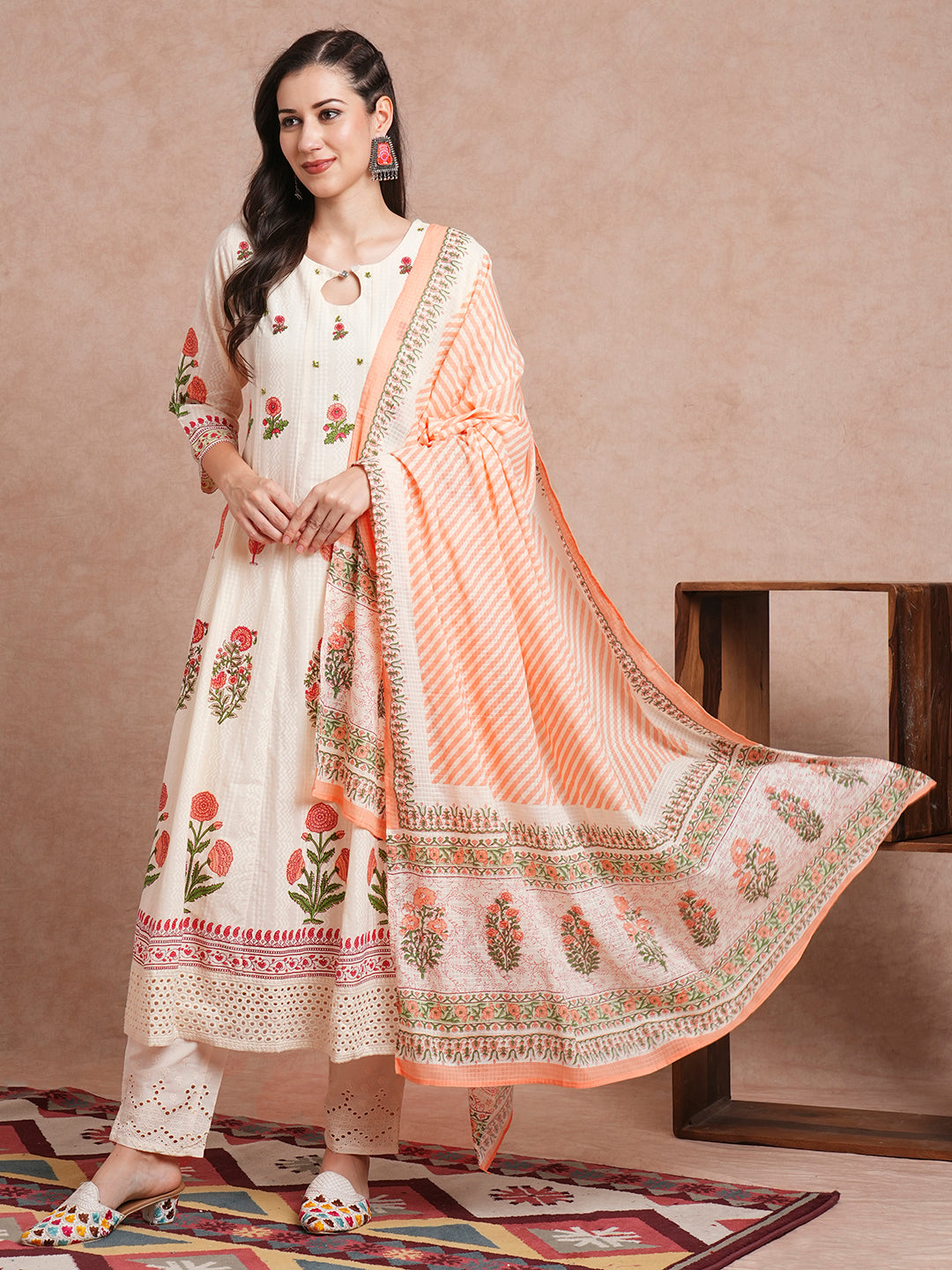 Floral Block Printed Anarkali Kurta with Pant & Pure Cotton Dupatta - Off White