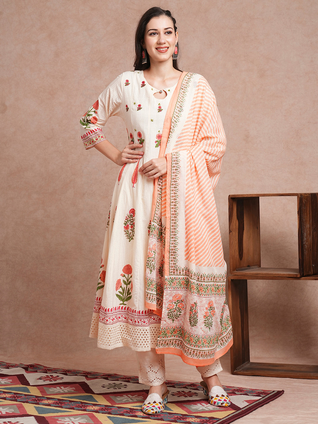 Floral Block Printed Anarkali Kurta with Pant & Pure Cotton Dupatta - Off White