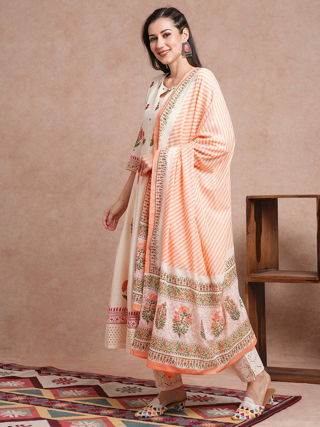 Floral Block Printed Anarkali Kurta with Pant & Pure Cotton Dupatta - Off White