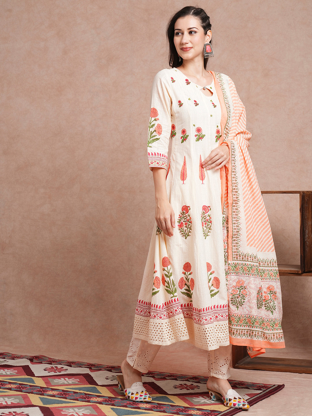 Floral Block Printed Anarkali Kurta with Pant & Pure Cotton Dupatta - Off White