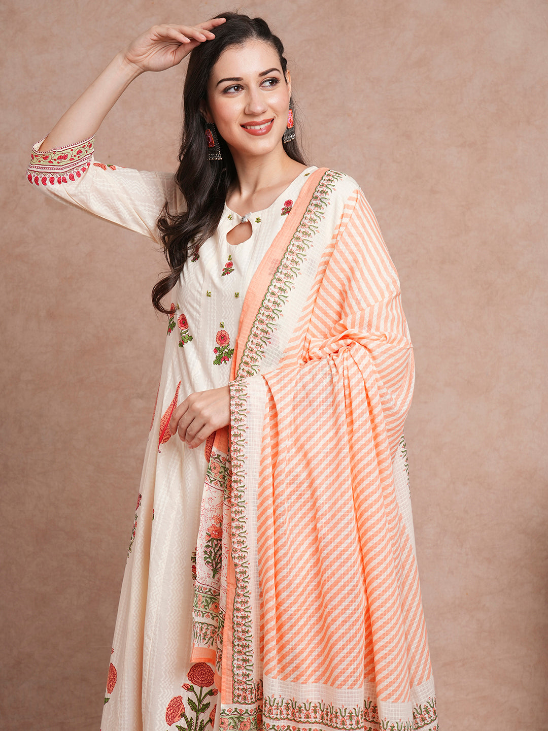 Floral Block Printed Anarkali Kurta with Pant & Pure Cotton Dupatta - Off White