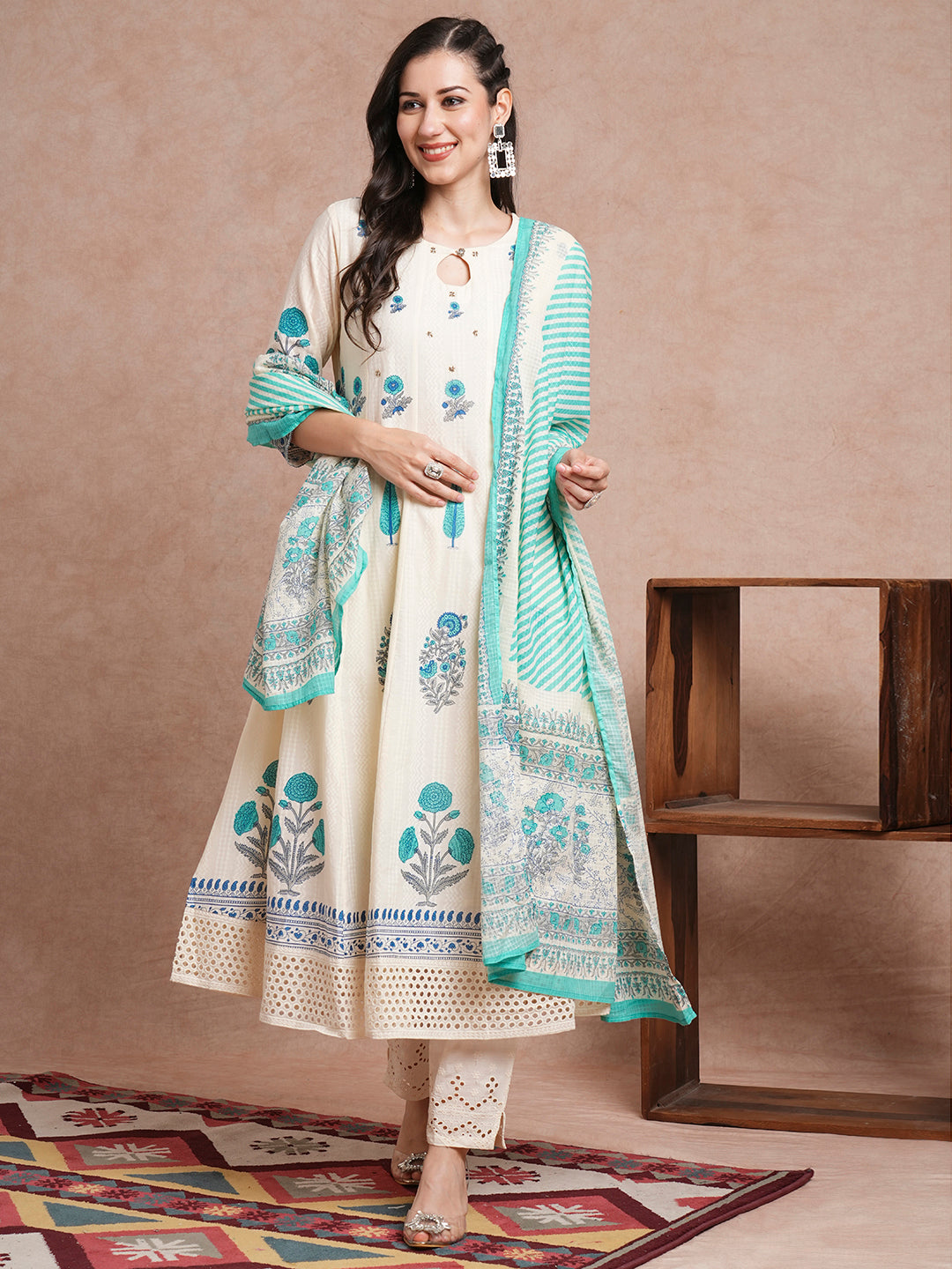 Floral Block Printed Anarkali Kurta with Pant & Pure Cotton Dupatta - Off White