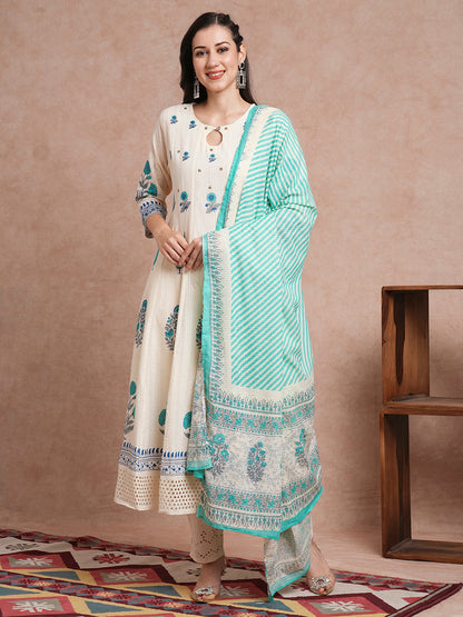 Floral Block Printed Anarkali Kurta with Pant & Pure Cotton Dupatta - Off White