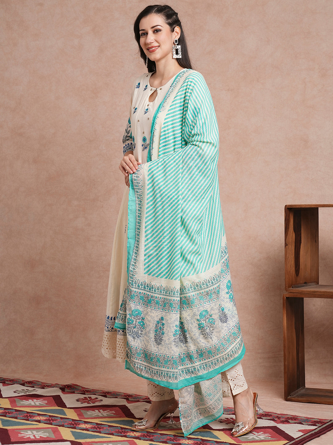 Floral Block Printed Anarkali Kurta with Pant & Pure Cotton Dupatta - Off White