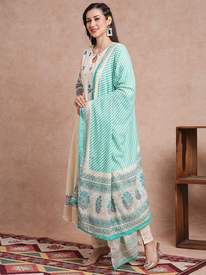 Floral Block Printed Anarkali Kurta with Pant & Pure Cotton Dupatta - Off White