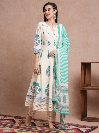 Floral Block Printed Anarkali Kurta with Pant & Pure Cotton Dupatta - Off White