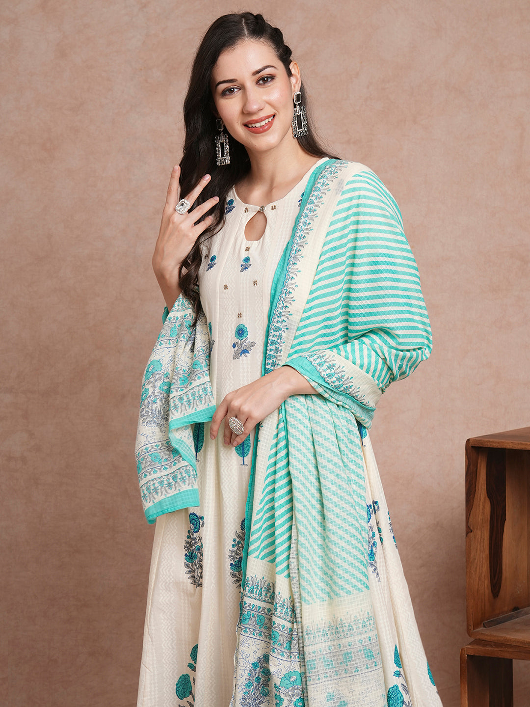 Floral Block Printed Anarkali Kurta with Pant & Pure Cotton Dupatta - Off White