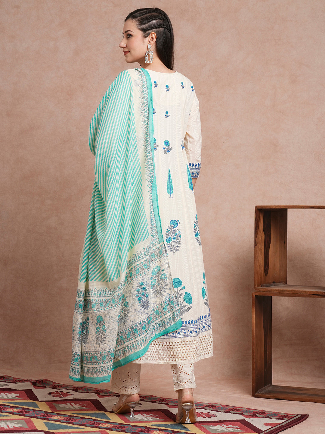 Floral Block Printed Anarkali Kurta with Pant & Pure Cotton Dupatta - Off White