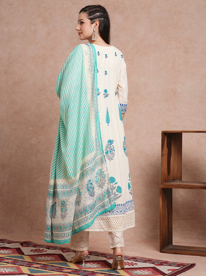 Floral Block Printed Anarkali Kurta with Pant & Pure Cotton Dupatta - Off White