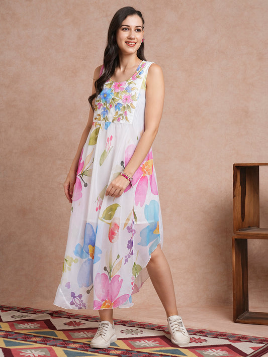 Floral Printed & Embroidered A-Line Pleated Maxi Dress - White