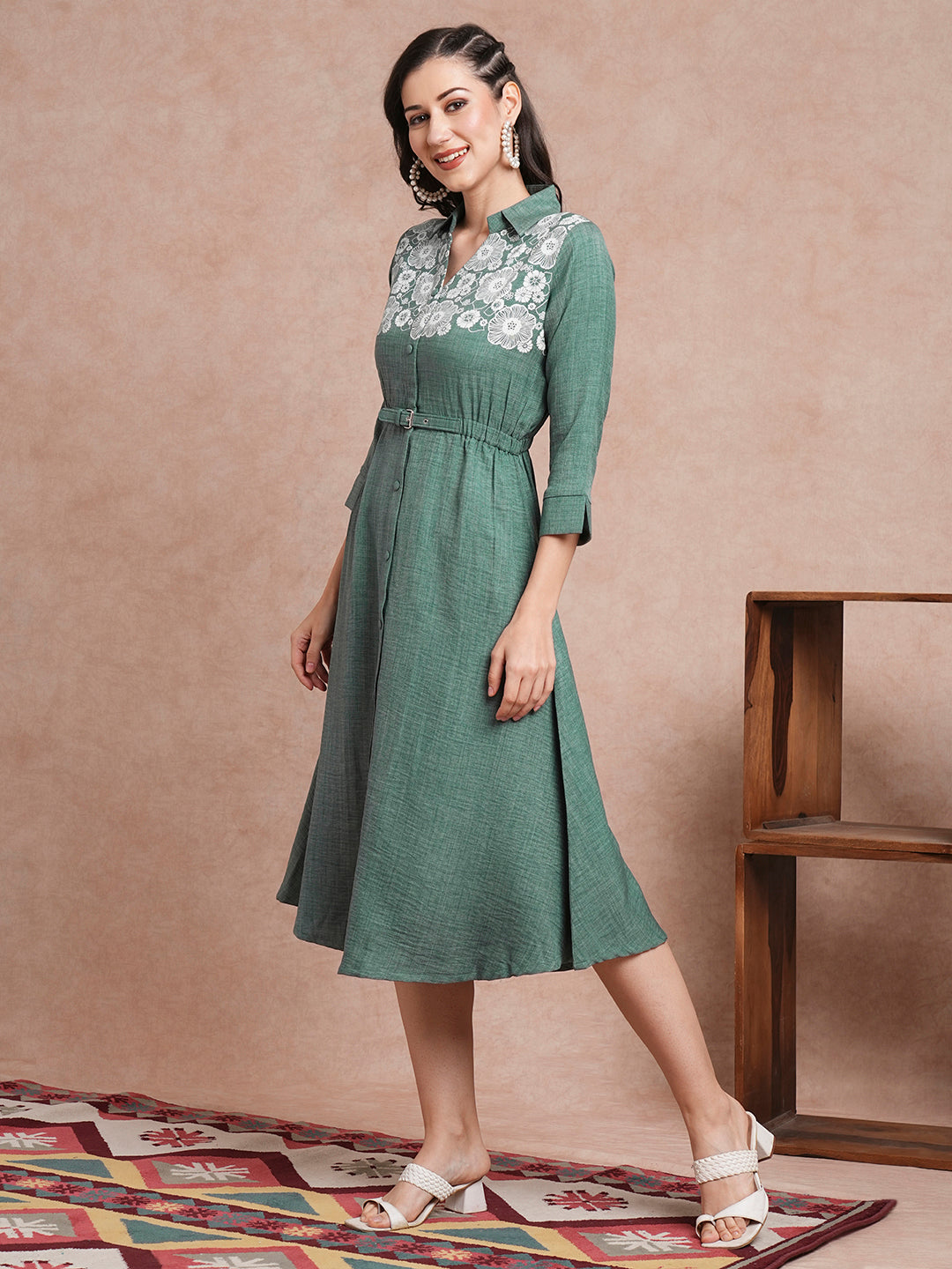 Floral Printed A-Line Flared Midi Dress - Green