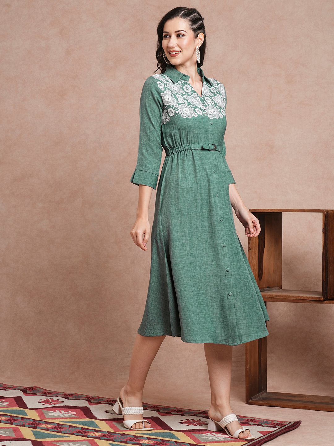 Floral Printed A-Line Flared Midi Dress - Green