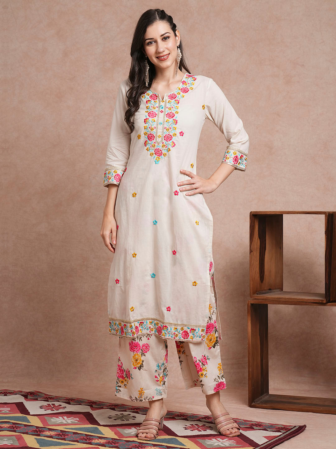 Floral Embroidered Straight Fit Kurta with Printed Pant - Off White