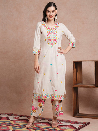 Floral Embroidered Straight Fit Kurta with Printed Pant - Off White