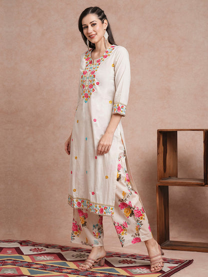 Floral Embroidered Straight Fit Kurta with Printed Pant - Off White