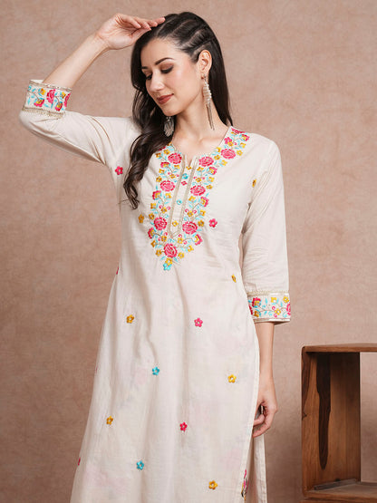 Floral Embroidered Straight Fit Kurta with Printed Pant - Off White