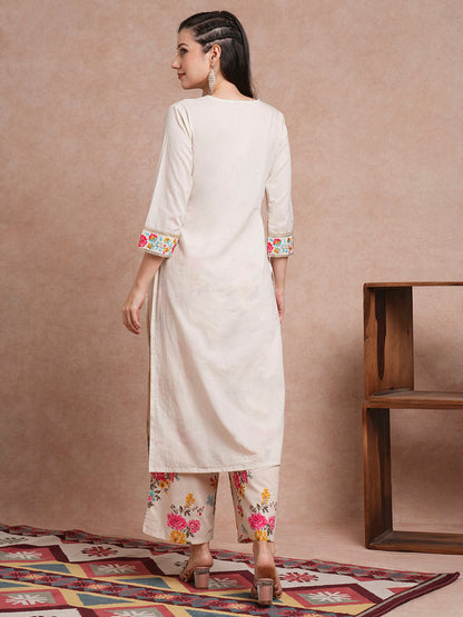 Floral Embroidered Straight Fit Kurta with Printed Pant - Off White