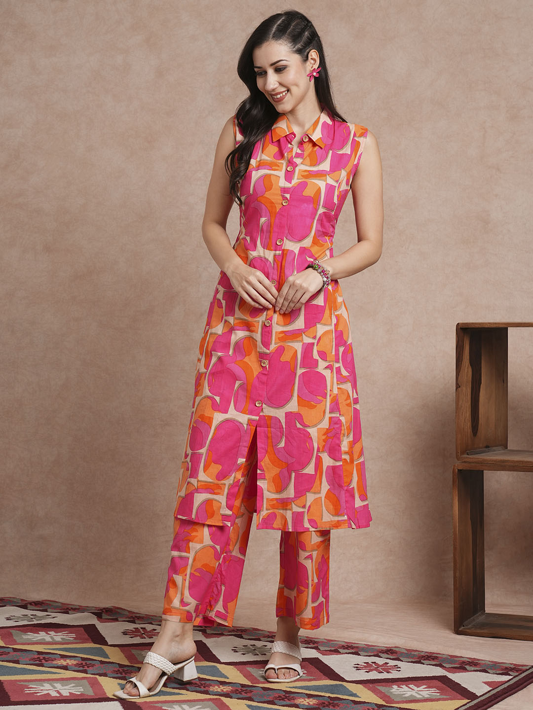 Abstract Printed A-Line Paneled Co-ord Set - Multi